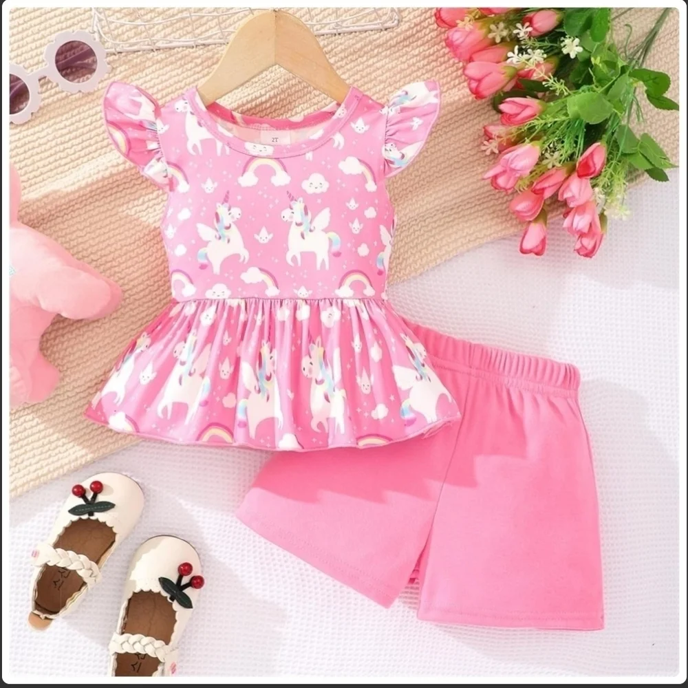 Whimsical Pink Unicorn And Rainbows Flutter Sleeve Shirt And Shorts Set